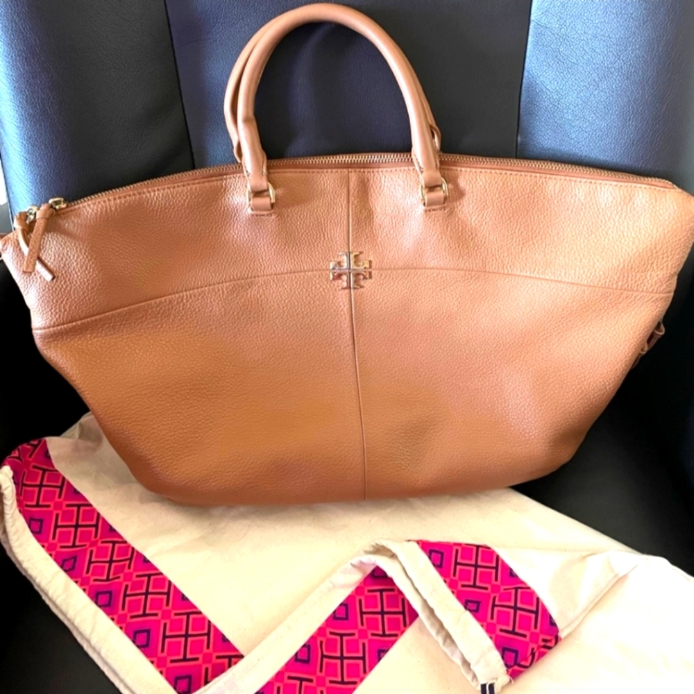 Tory Burch Soft Real Leather Tote Handbag in Camel Color